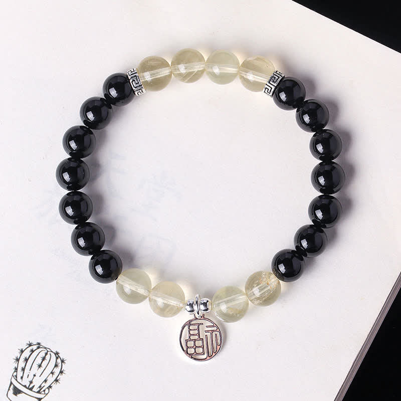 Buddha Stones Bracelet porte-bonheur en perles d'onyx noir représentant le personnage Fu - image 3