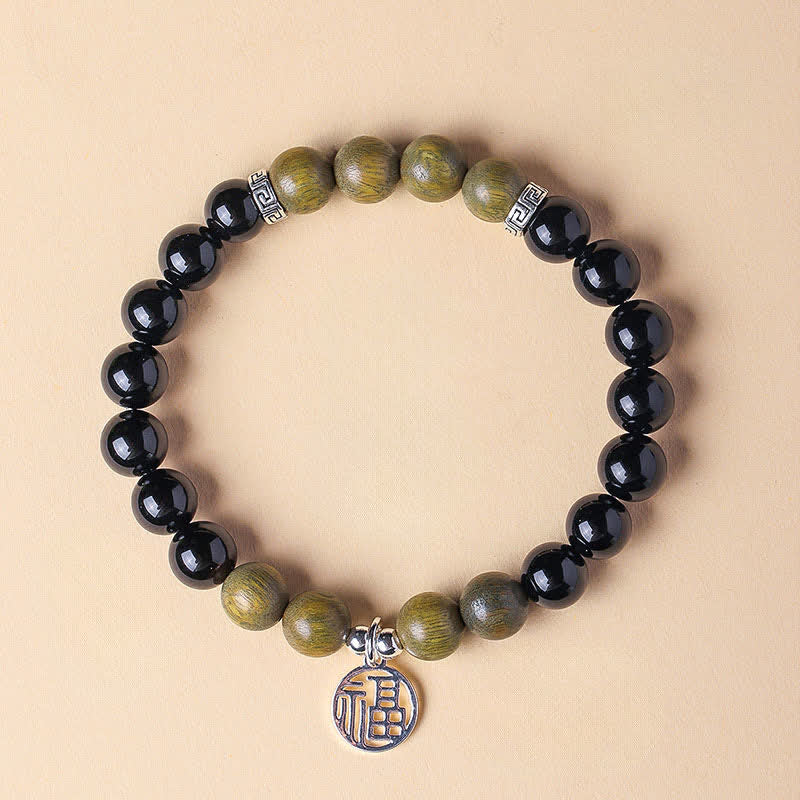 Buddha Stones Bracelet porte-bonheur en perles d'onyx noir représentant le personnage Fu - Onyx noir et bois de santal vert (Tour de poignet : 15–16 cm) - image 16