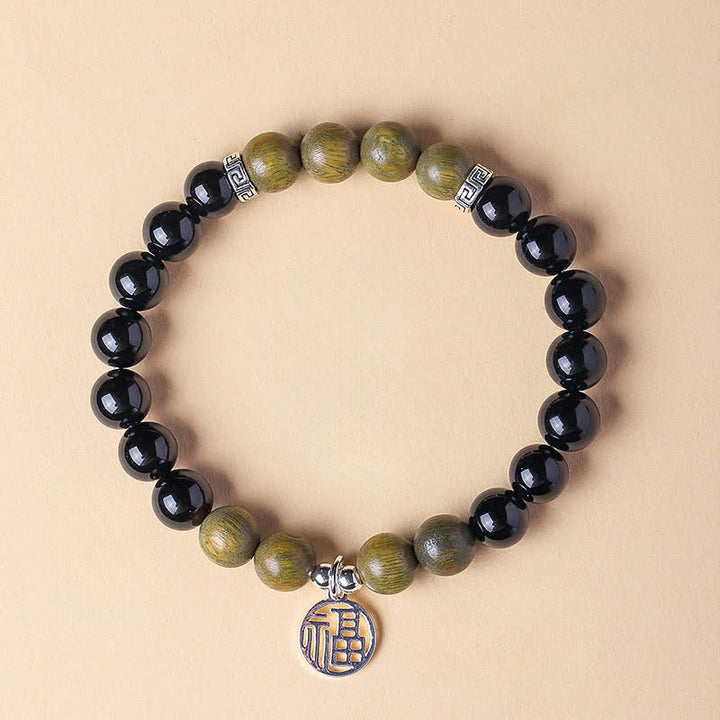 Buddha Stones Bracelet porte-bonheur en perles d'onyx noir représentant le personnage Fu - Onyx noir et bois de santal vert (Tour de poignet : 15–16 cm) - image 16