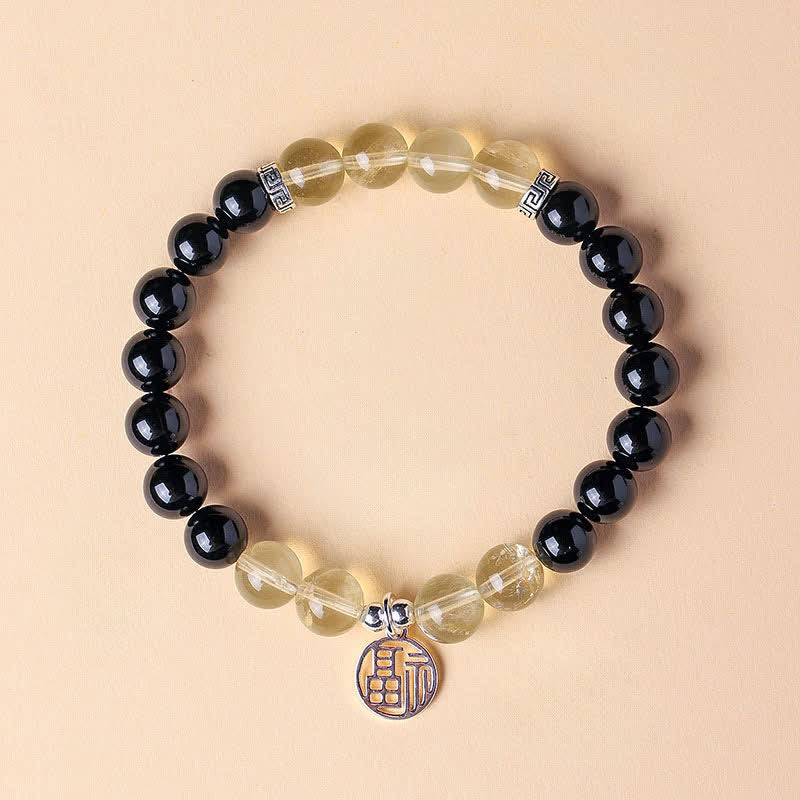 Buddha Stones Bracelet porte-bonheur en perles d'onyx noir représentant le personnage Fu - Citrine Onyx Noir (Tour de poignet : 15–16 cm) - image 1