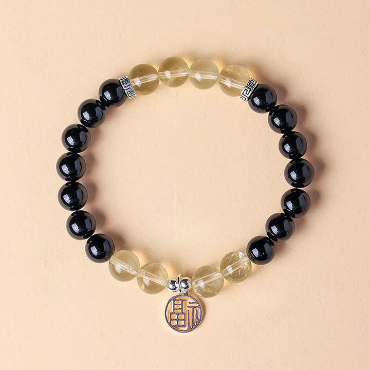 Buddha Stones Bracelet porte-bonheur en perles d'onyx noir représentant le personnage Fu - Citrine Onyx Noir (Tour de poignet : 15–16 cm) - image 1