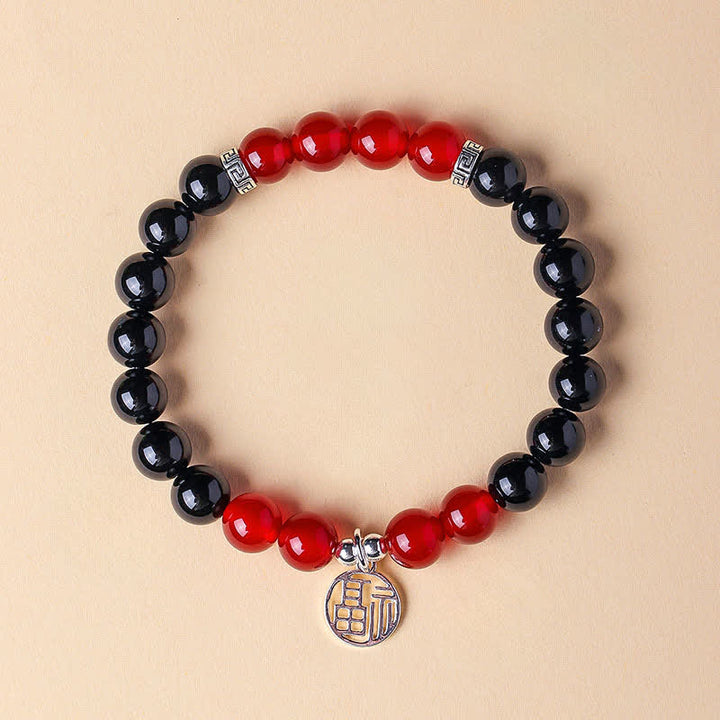 Buddha Stones Bracelet porte-bonheur en perles d'onyx noir représentant le personnage Fu - Onyx noir et agate rouge (tour de poignet : 15–16 cm) - image 9