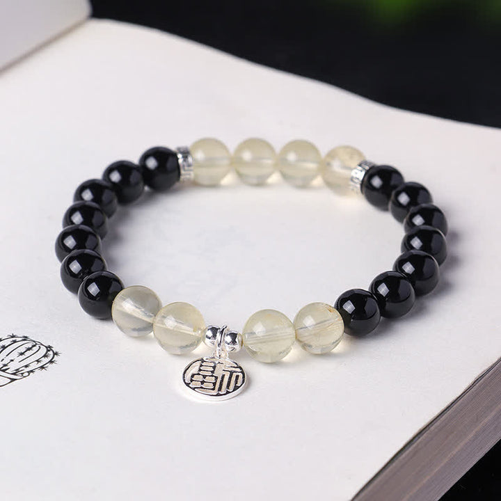 Buddha Stones Bracelet porte-bonheur en perles d'onyx noir représentant le personnage Fu - image 2