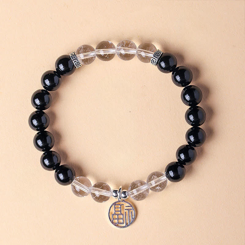 Buddha Stones Bracelet porte-bonheur en perles d'onyx noir représentant le personnage Fu - Quartz clair en onyx noir (tour de poignet : 15–16 cm) - image 0