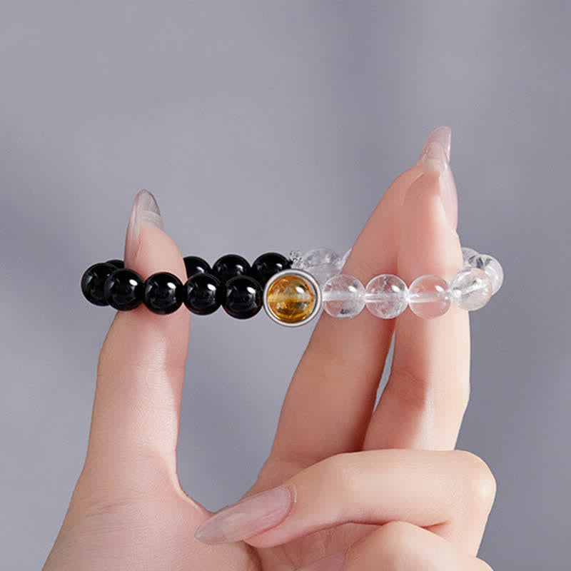 Buddha Stones Bracelet de protection en quartz clair et obsidienne noire - image 2