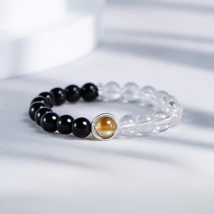 Buddha Stones Bracelet de protection en quartz clair et obsidienne noire - Quartz clair et obsidienne noire (tour de poignet : 15–16 cm) - image 0