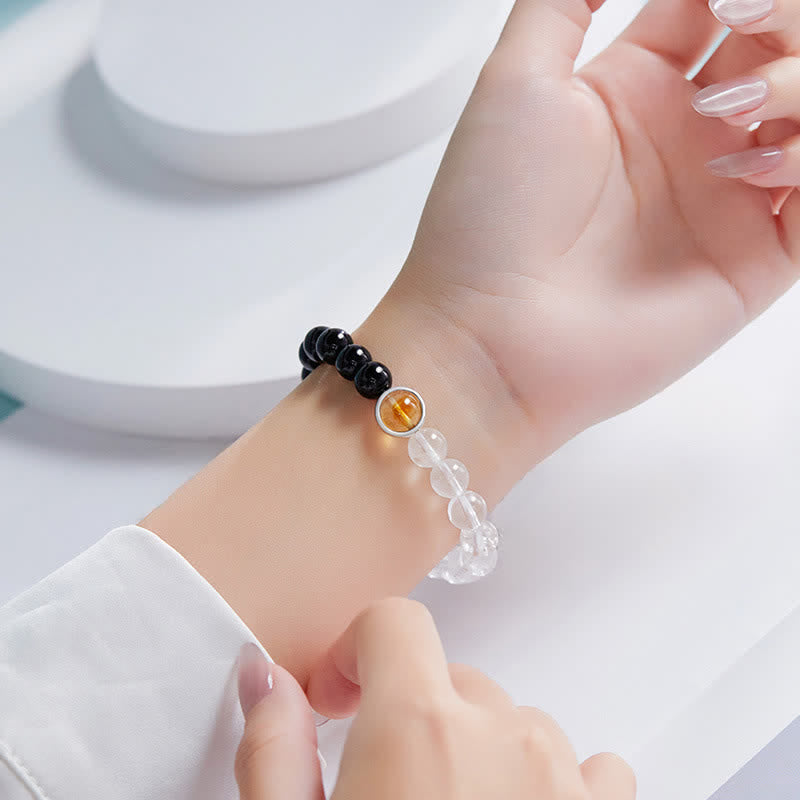 Buddha Stones Bracelet de protection en quartz clair et obsidienne noire - image 3