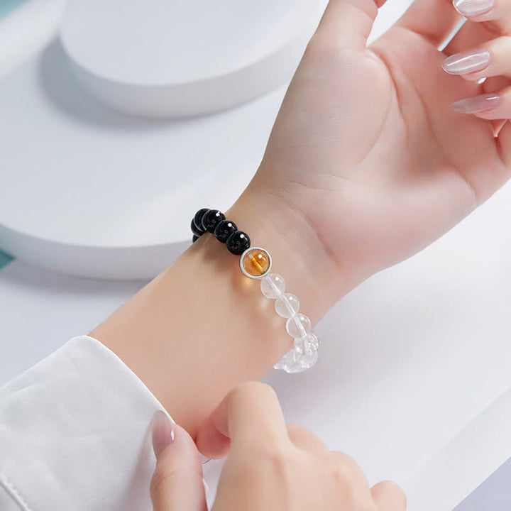 Buddha Stones Bracelet de protection en quartz clair et obsidienne noire - image 3