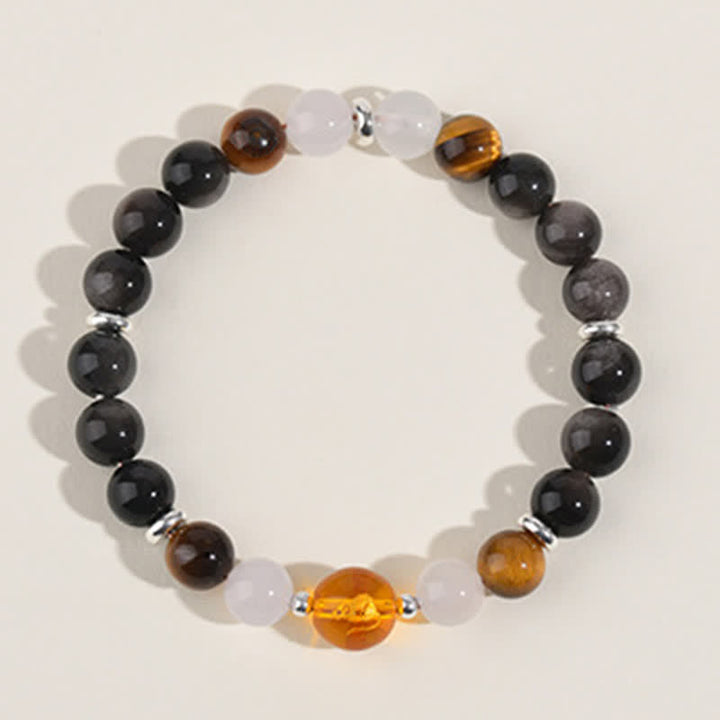 Buddha Stones Bracelet de protection en obsidienne argentée et cristaux naturels, symbole du zodiaque chinois - image 1