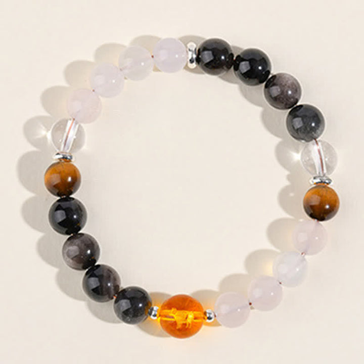 Buddha Stones Bracelet de protection en obsidienne argentée et cristaux naturels, symbole du zodiaque chinois - image 4