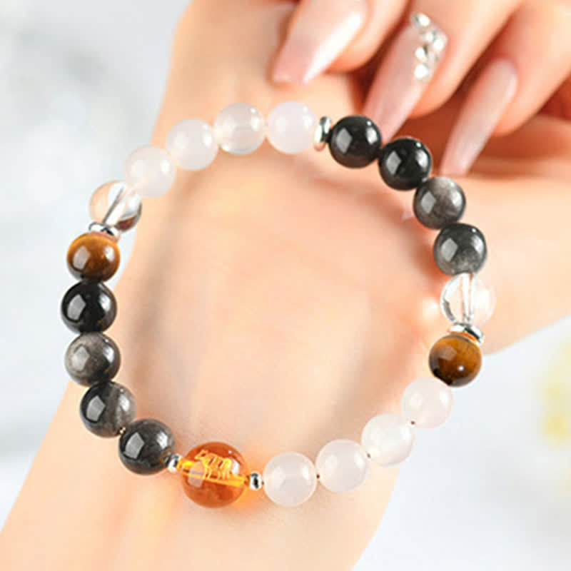 Buddha Stones Bracelet de protection en obsidienne argentée et cristaux naturels, symbole du zodiaque chinois - Ox (Tour de poignet : 15–16 cm) - image 3