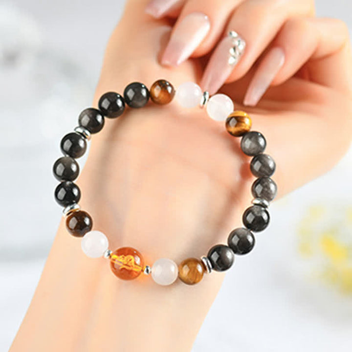 Buddha Stones Bracelet de protection en obsidienne argentée et cristaux naturels, symbole du zodiaque chinois - Rat (Tour de poignet : 15–16 cm) - image 0