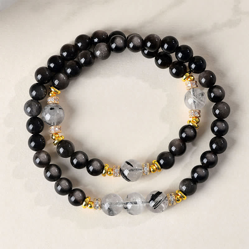 Buddha Stones Bracelet apaisant double tour en obsidienne argentée naturelle - Obsidienne à reflets argentés (Ancrage ♥ Intuition) - image 0