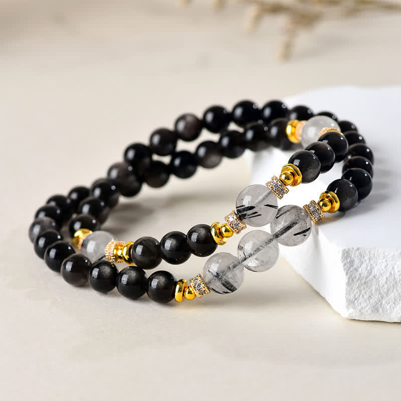 Buddha Stones Bracelet apaisant double tour en obsidienne argentée naturelle - image 1