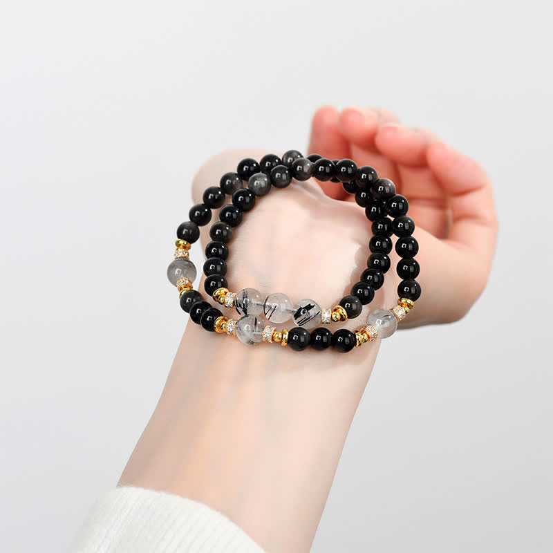 Buddha Stones Bracelet apaisant double tour en obsidienne argentée naturelle - image 7