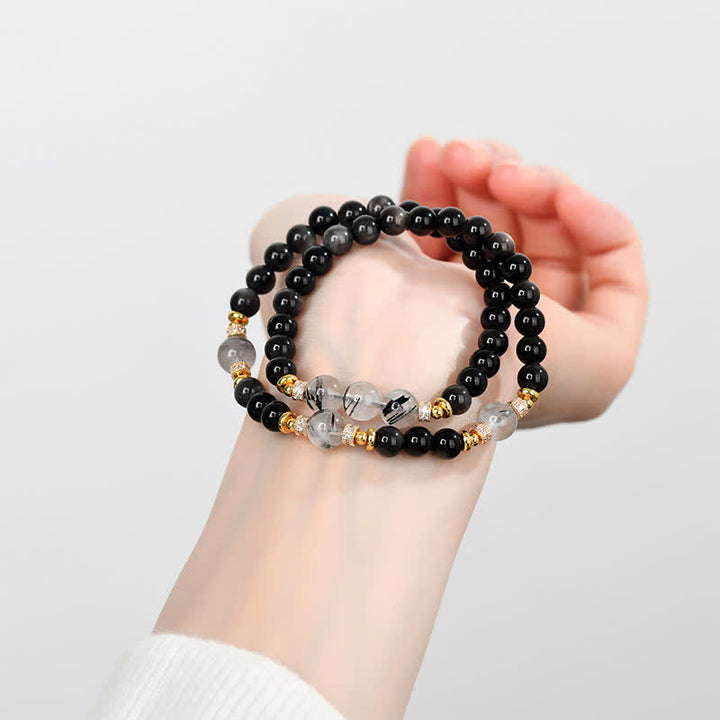 Buddha Stones Bracelet apaisant double tour en obsidienne argentée naturelle - image 7