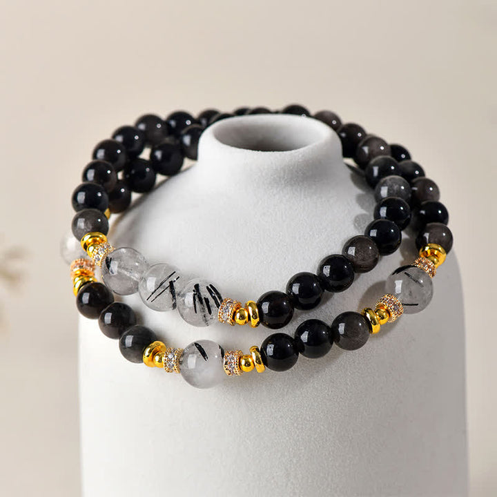 Buddha Stones Bracelet apaisant double tour en obsidienne argentée naturelle - image 2
