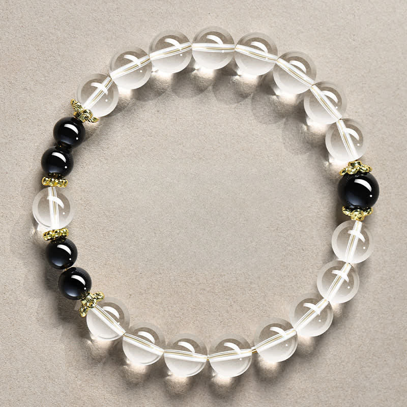 Buddha Stones Bracelet de guérison en perles de quartz clair naturel - Quartz clair 8 mm, obsidienne noire (tour de poignet : 15–16 cm) - image 0