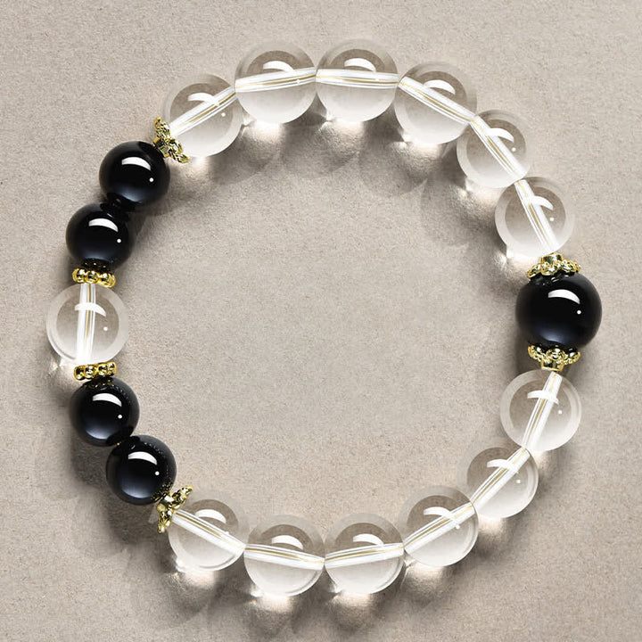 Buddha Stones Bracelet de guérison en perles de quartz clair naturel - Quartz clair et obsidienne noire de 10 mm (tour de poignet : 16–17 cm) - image 4