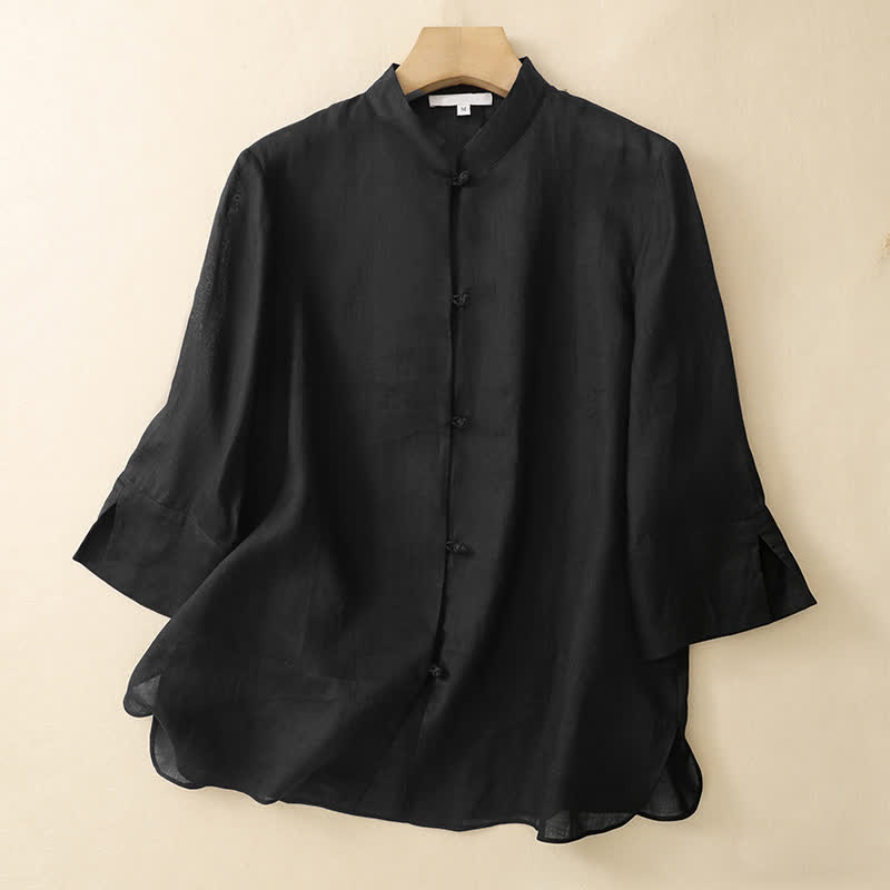 Buddha Stones Chemises d'été unies à col mandarin et manches trois-quarts pour femmes - Noir - US8-10，UK/AU12-14，EU40-42 (2XL) - image 10