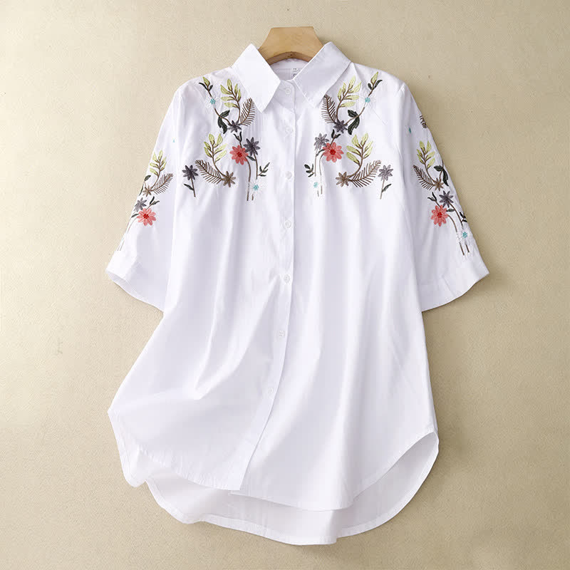 Buddha Stones Chemise à manches courtes pour femme, style bohème printemps-été, broderie florale - Blanc - US8-10，UK/AU12-14，EU40-42 (2XL) - image 6