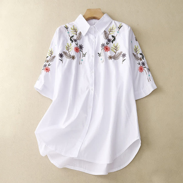 Buddha Stones Chemise à manches courtes pour femme, style bohème printemps-été, broderie florale - Blanc - US8-10，UK/AU12-14，EU40-42 (2XL) - image 6