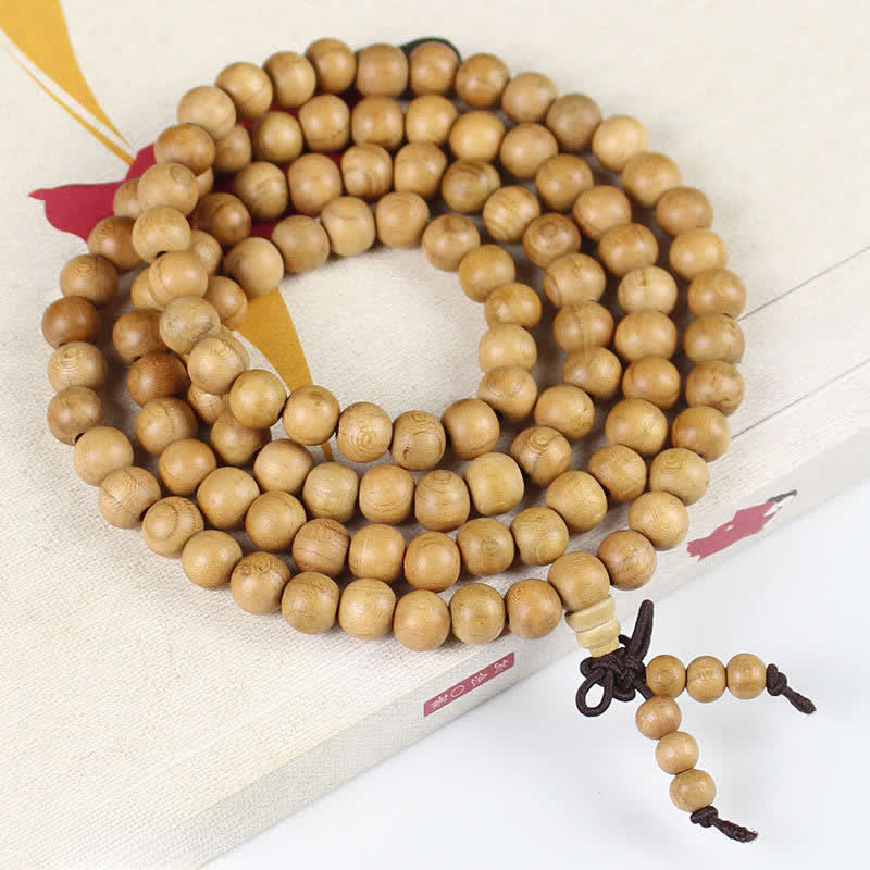 Buddha Stones Mala de 108 perles en bois de pêcher, poli à la main et noué, symbole de richesse - 8 mm - Normale - Bois de pêcher (Protection♥Purification) - image 1