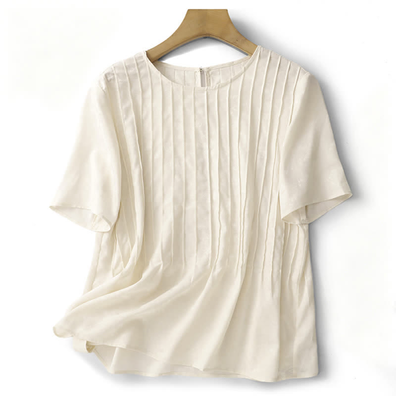 Buddha Stones T-shirts d'été élégants à manches courtes plissés pour femmes - Beige - US6，UK/AU10，EU38 (XL) - image 1