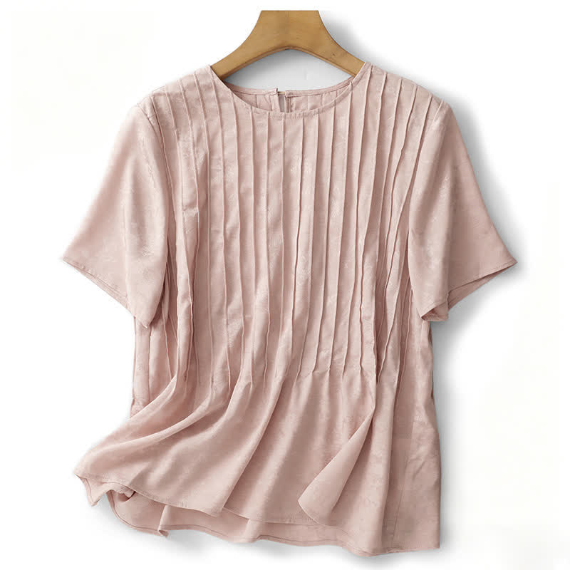 Buddha Stones T-shirts d'été élégants à manches courtes plissés pour femmes - Rose clair - US6，UK/AU10，EU38 (XL) - image 0
