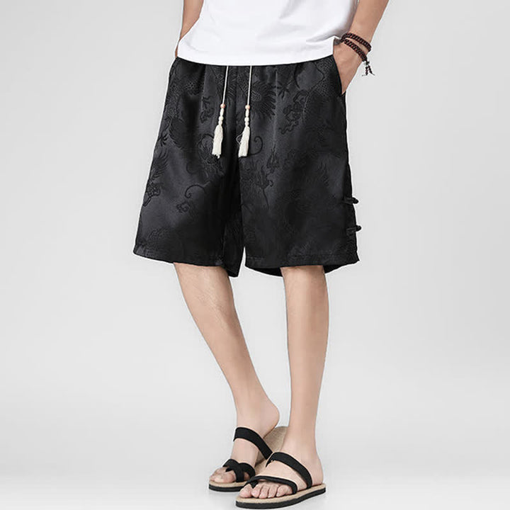 Buddha Stones Short d'été pour homme avec cordon de serrage, boutons latéraux en forme de grenouille et poches - Noir - US/UK/AU46，EU56 (5XL) - image 0