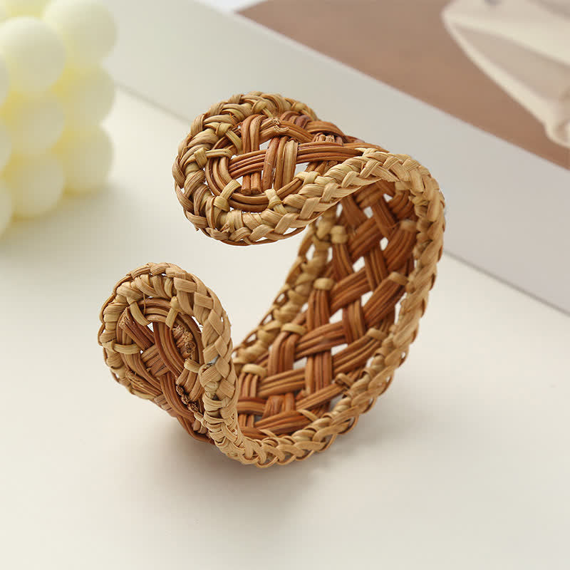 Buddha Stones Bracelet manchette ajustable en rotin naturel tissé à la main, style bohème. - image 3