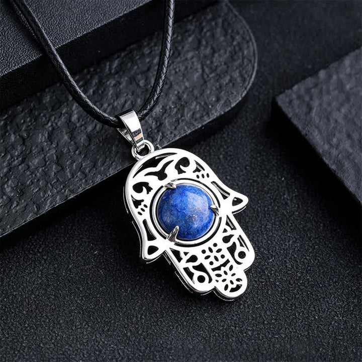 Buddha Stones Collier en obsidienne noire naturelle avec incrustation de palmier Hamsa et cristal de force - Lapis-lazuli naturel (la couleur peut varier) - image 10