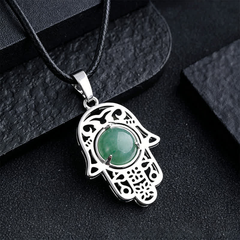 Buddha Stones Collier en obsidienne noire naturelle avec incrustation de palmier Hamsa et cristal de force - Aventurine verte naturelle (la couleur peut varier) - image 4