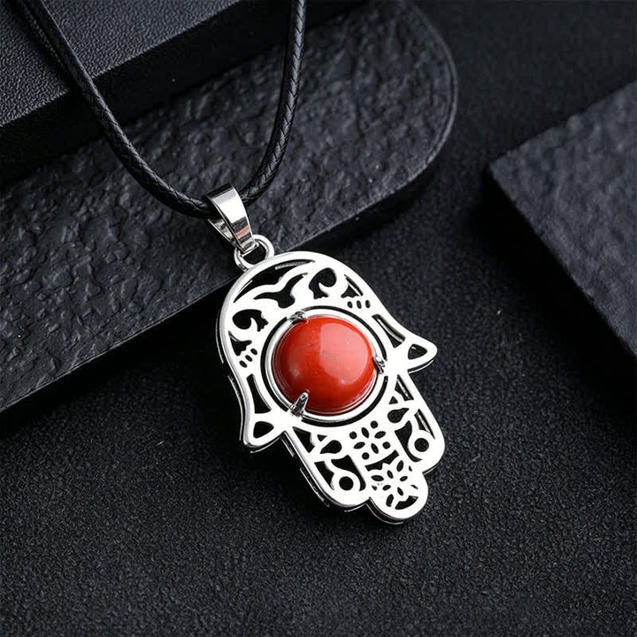 Buddha Stones Collier en obsidienne noire naturelle avec incrustation de palmier Hamsa et cristal de force - Pierre rouge naturelle (la couleur peut varier) - image 12