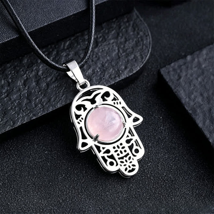Buddha Stones Collier en obsidienne noire naturelle avec incrustation de palmier Hamsa et cristal de force - Quartz rose naturel (la couleur peut varier) - image 18