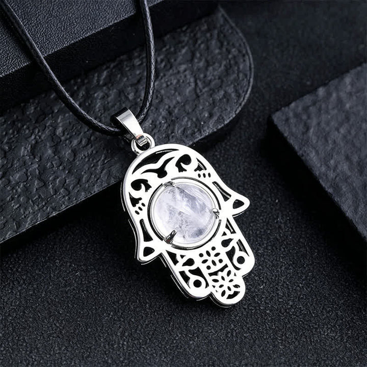 Buddha Stones Collier en obsidienne noire naturelle avec incrustation de palmier Hamsa et cristal de force - Quartz clair naturel (la couleur peut varier) - image 14