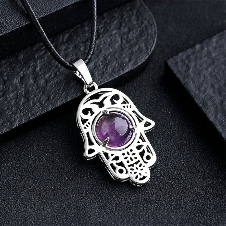 Buddha Stones Collier en obsidienne noire naturelle avec incrustation de palmier Hamsa et cristal de force - Améthyste naturelle (la couleur peut varier) - image 6