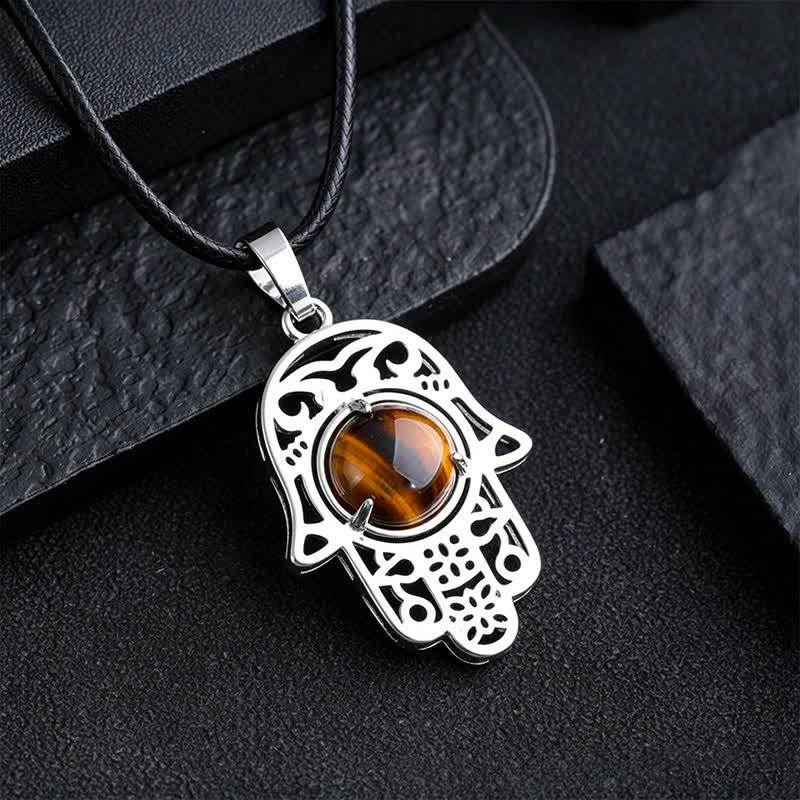 Buddha Stones Collier en obsidienne noire naturelle avec incrustation de palmier Hamsa et cristal de force - Œil de tigre naturel (la couleur peut varier) - image 8