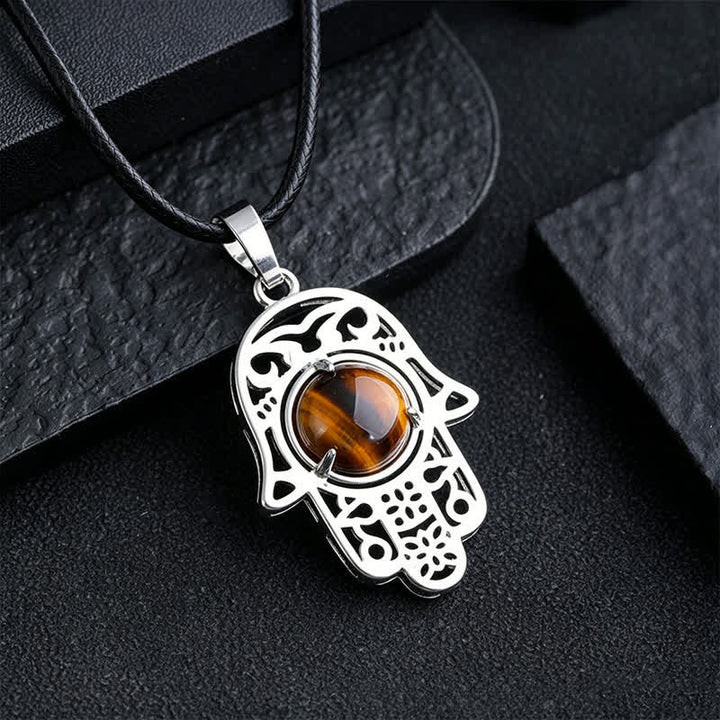 Buddha Stones Collier en obsidienne noire naturelle avec incrustation de palmier Hamsa et cristal de force - Œil de tigre naturel (la couleur peut varier) - image 8