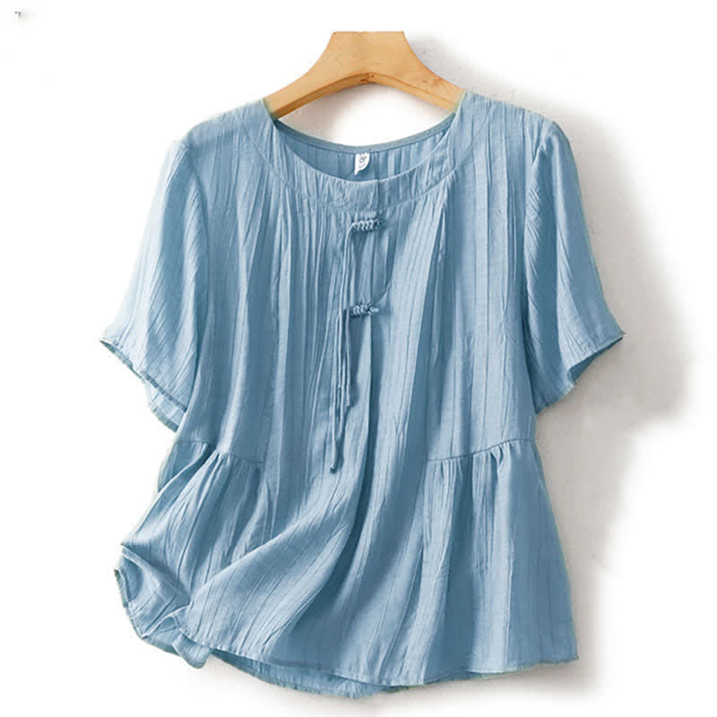 Buddha Stones Chemise d'été bohème à boutons, col rond, manches courtes, pour femme - Bleu acier clair - US8-10，UK/AU12-14，EU40-42 (2XL) - image 0