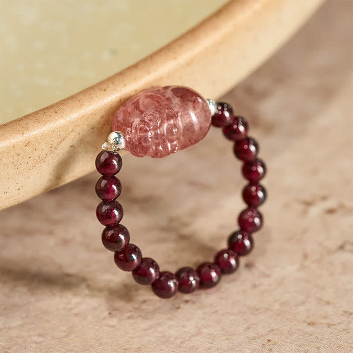 Buddha Stones Mini perles de 3 mm en pierre de lune naturelle, tourmaline, grenat, perle, quartz fraise, anneau élastique de guérison PiXiu - Grenat naturel de 52 à 53 mm (la couleur peut varier) - image 0