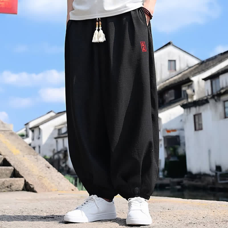Buddha Stones Pantalon harem d'été pour homme, longueur cheville, à cordon de serrage, couleur unie, avec poches - image 4