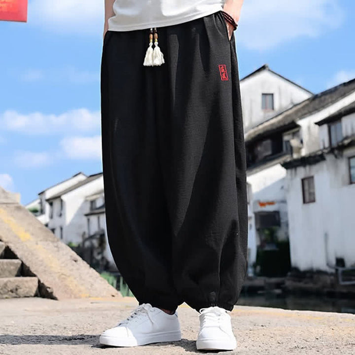 Buddha Stones Pantalon harem d'été pour homme, longueur cheville, à cordon de serrage, couleur unie, avec poches - image 4