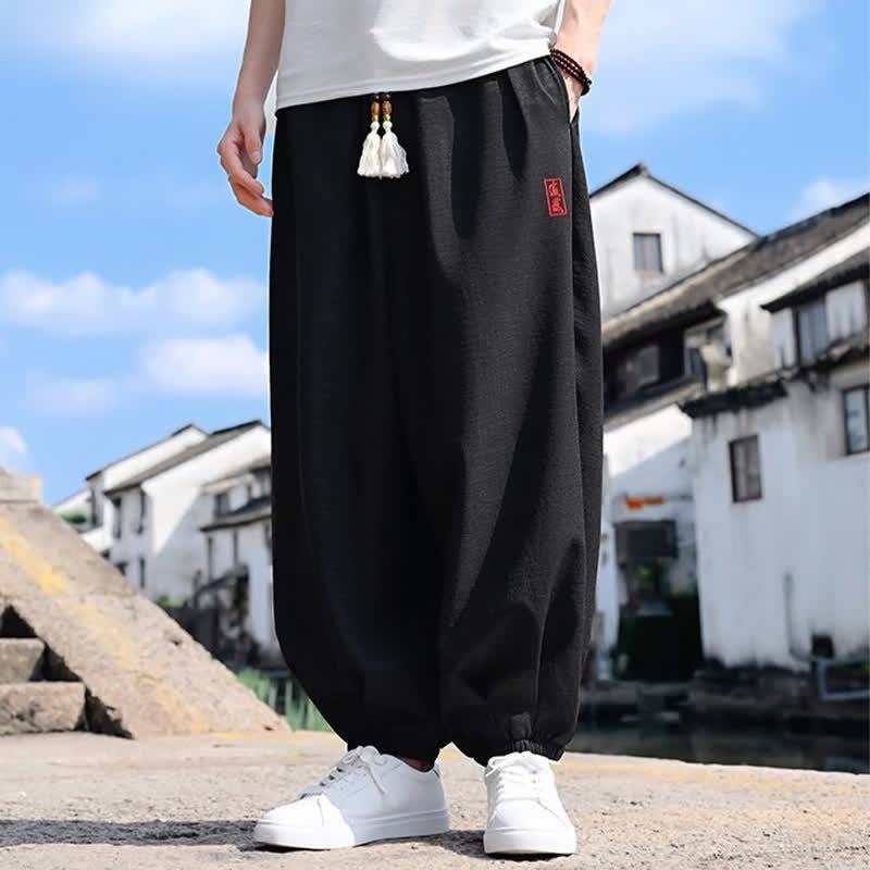 Buddha Stones Pantalon harem d'été pour homme, longueur cheville, à cordon de serrage, couleur unie, avec poches - image 1