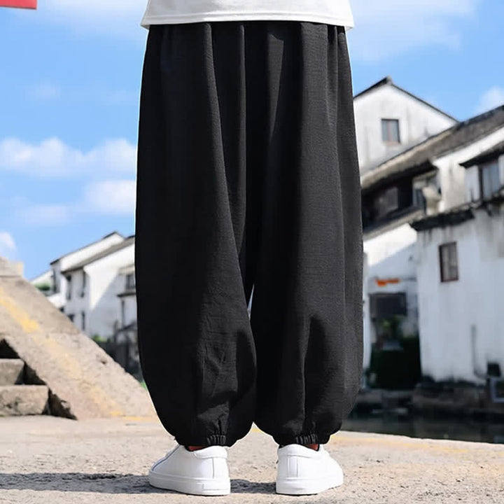 Buddha Stones Pantalon harem d'été pour homme, longueur cheville, à cordon de serrage, couleur unie, avec poches - image 2
