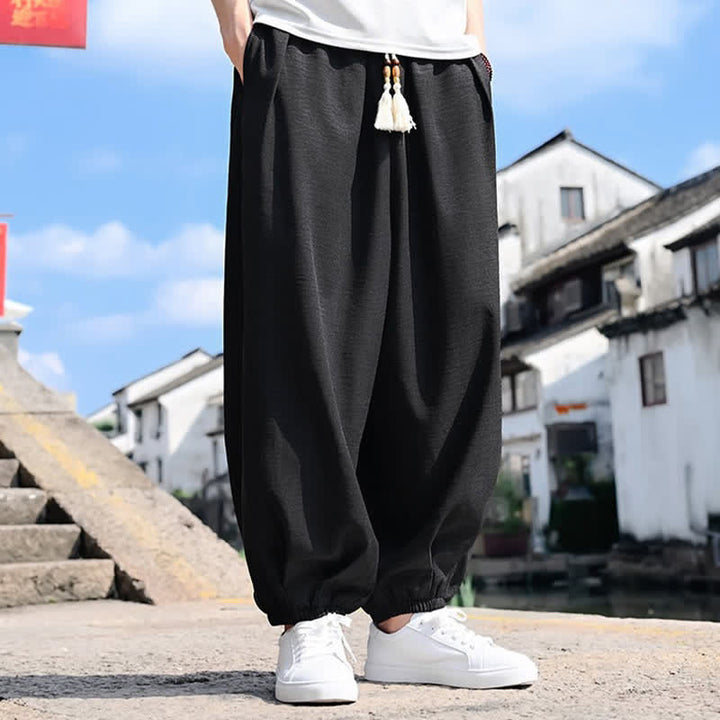 Buddha Stones Pantalon harem d'été pour homme, longueur cheville, à cordon de serrage, couleur unie, avec poches - image 3