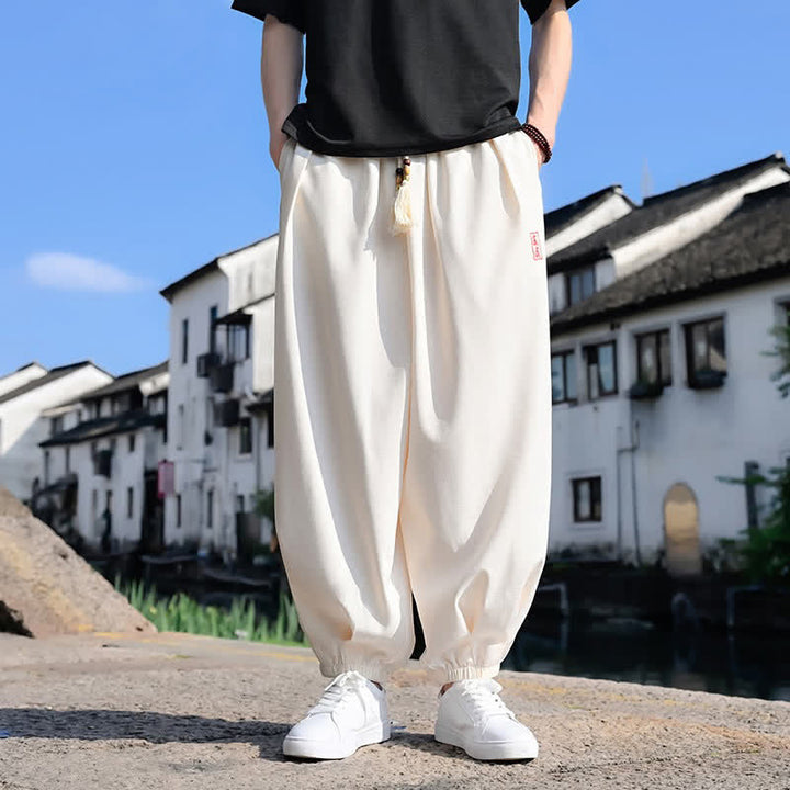 Buddha Stones Pantalon harem d'été pour homme, longueur cheville, à cordon de serrage, couleur unie, avec poches - Beige - US/UK/AU46，EU56 (5XL) - image 5