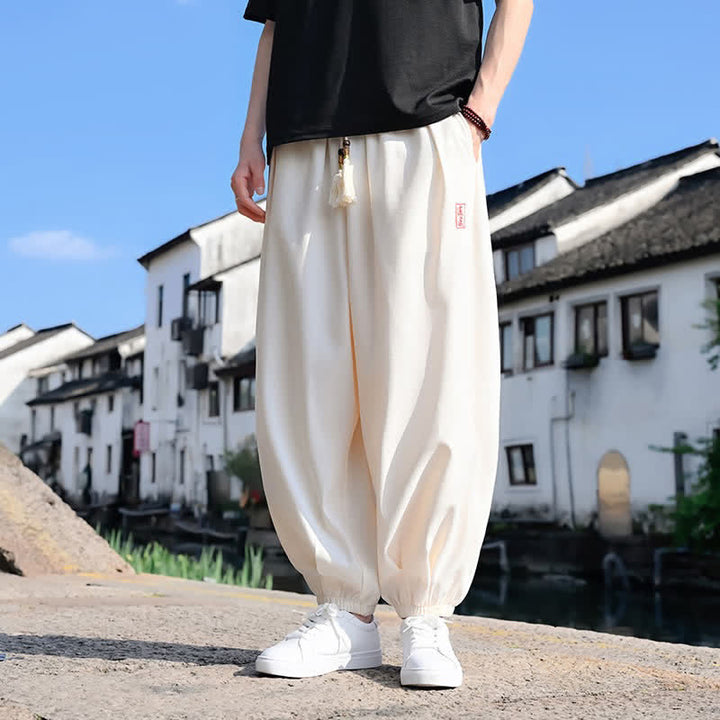 Buddha Stones Pantalon harem d'été pour homme, longueur cheville, à cordon de serrage, couleur unie, avec poches - image 8