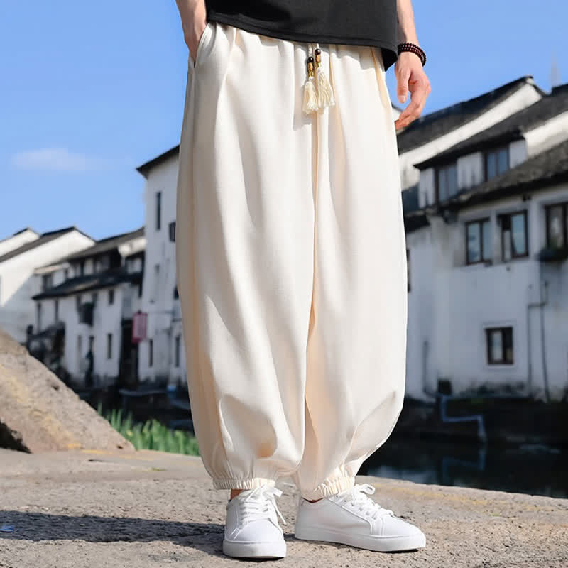 Buddha Stones Pantalon harem d'été pour homme, longueur cheville, à cordon de serrage, couleur unie, avec poches - image 6