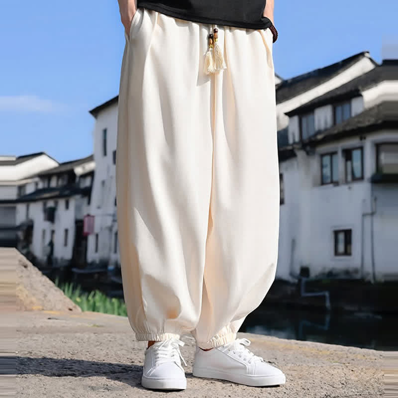 Buddha Stones Pantalon harem d'été pour homme, longueur cheville, à cordon de serrage, couleur unie, avec poches - image 9